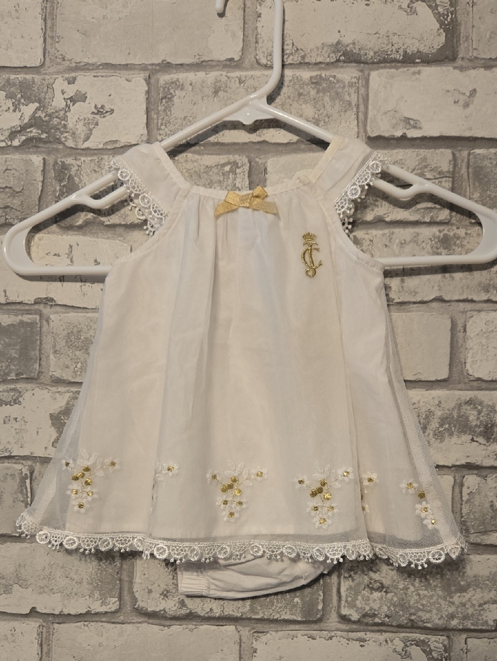 Juicy Couture White and Gold Floral Lace Baby Dress